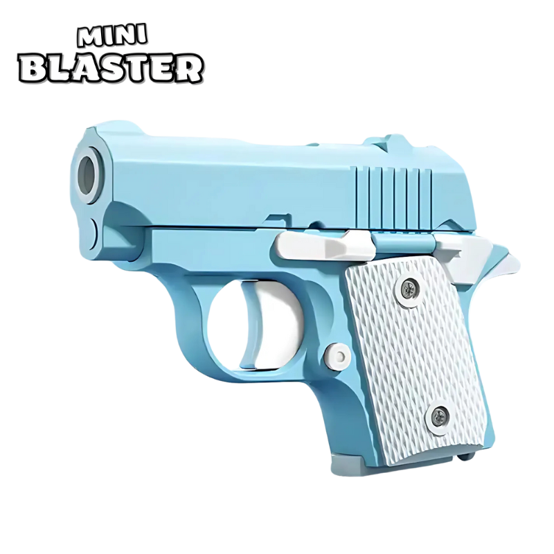 Miniblaster toy shell blaster pistol — detail shot of slide, grip and trigger