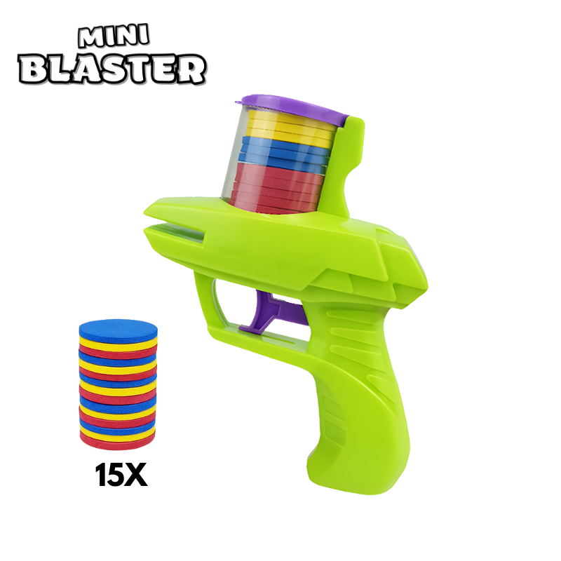 Green pocket disk shooter with fifteen stacked foam disks