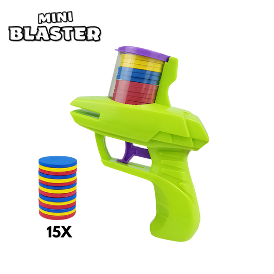 Green pocket disk shooter with fifteen stacked foam disks