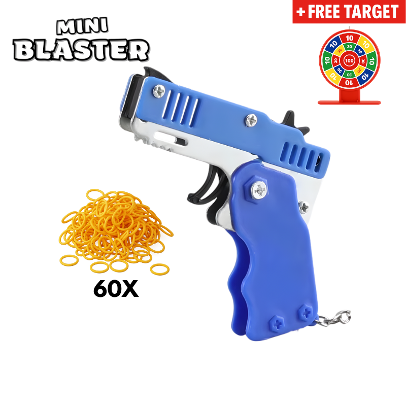 Blue folding pocket rubber band shooter with sixty rubber bands