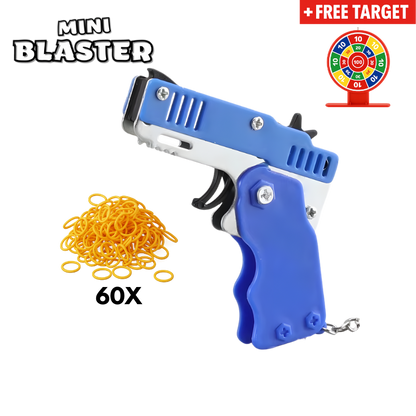 Blue folding pocket rubber band shooter with sixty rubber bands