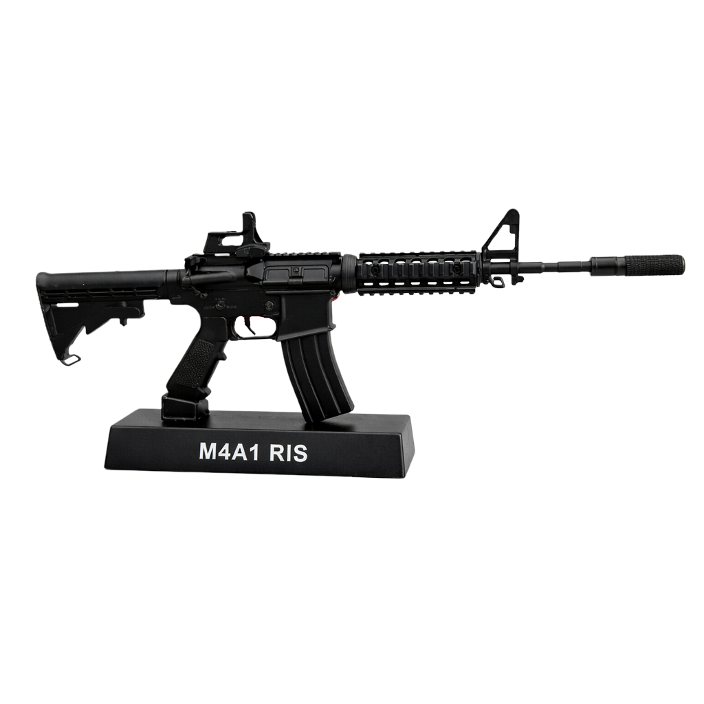 Miniature black metal M4A1 RIS rifle replica on display stand