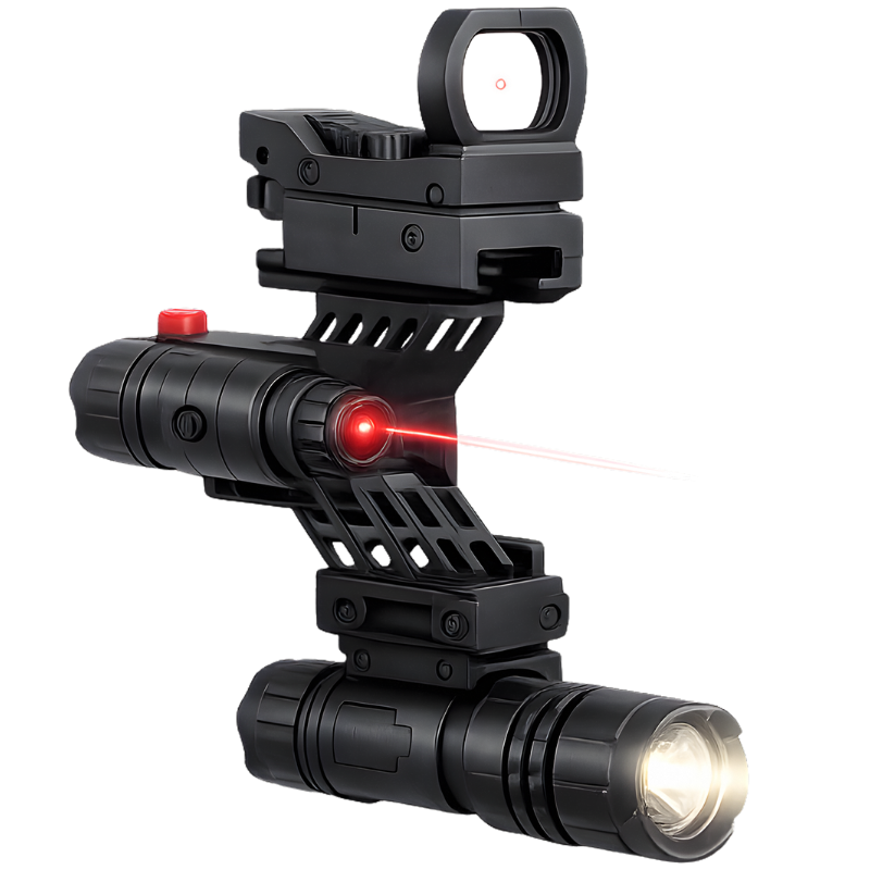 3-in-1 tactical attachment bundle with tactical flashlight, red laser sight and red dot scope