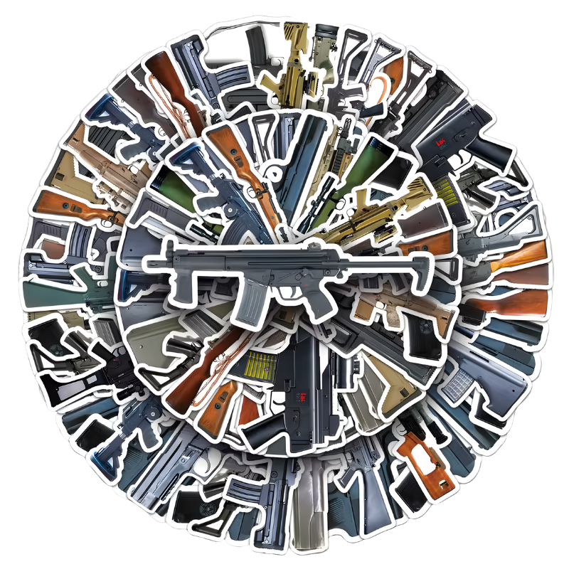 Sheet of firearm and tactical themed blaster stickers