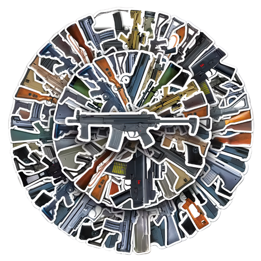 Sheet of firearm and tactical themed blaster stickers