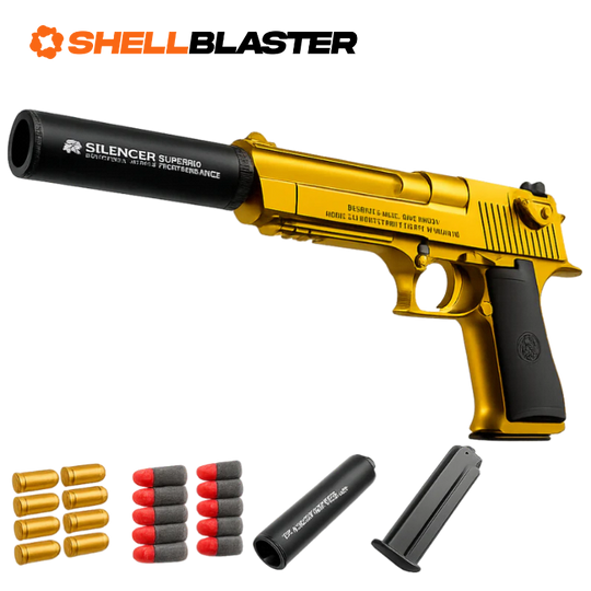 Gold Desert Eagle shellblaster with silencer, plastic darts and gold casings
