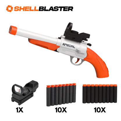 White and orange sawed-off mini shotgun shellblaster with ten plastic darts