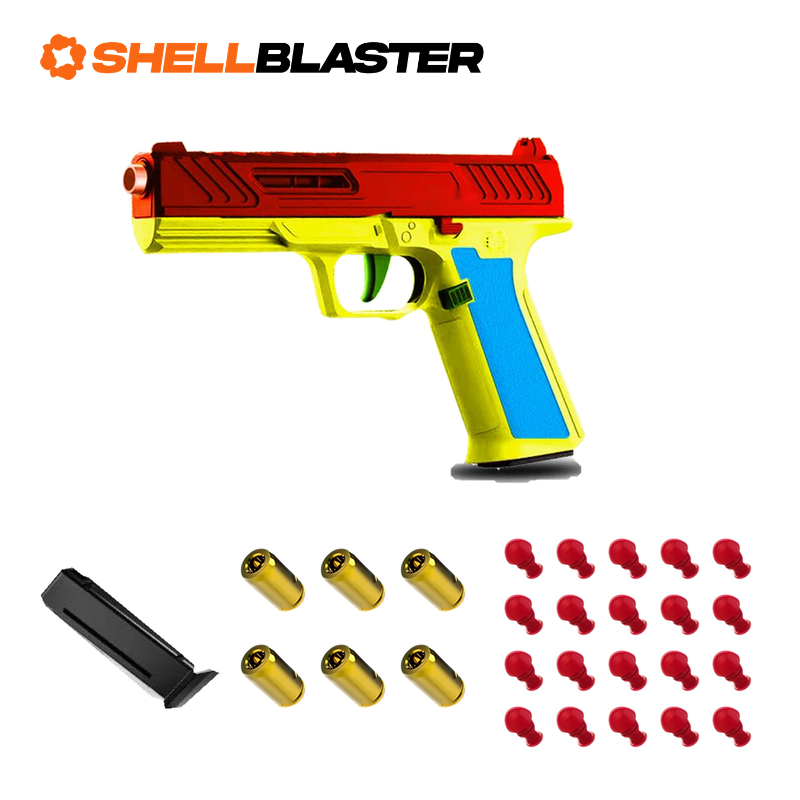 Void Shellblaster Red / Yellow with blue grip, Shellblaster logo, magazine, 6 toy casings and 20 darts
