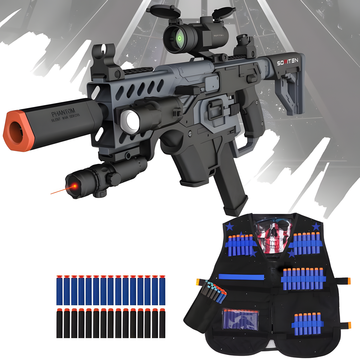 Dark grey tactical carbine shellblaster with scope, laser, silencer, blue darts and vest