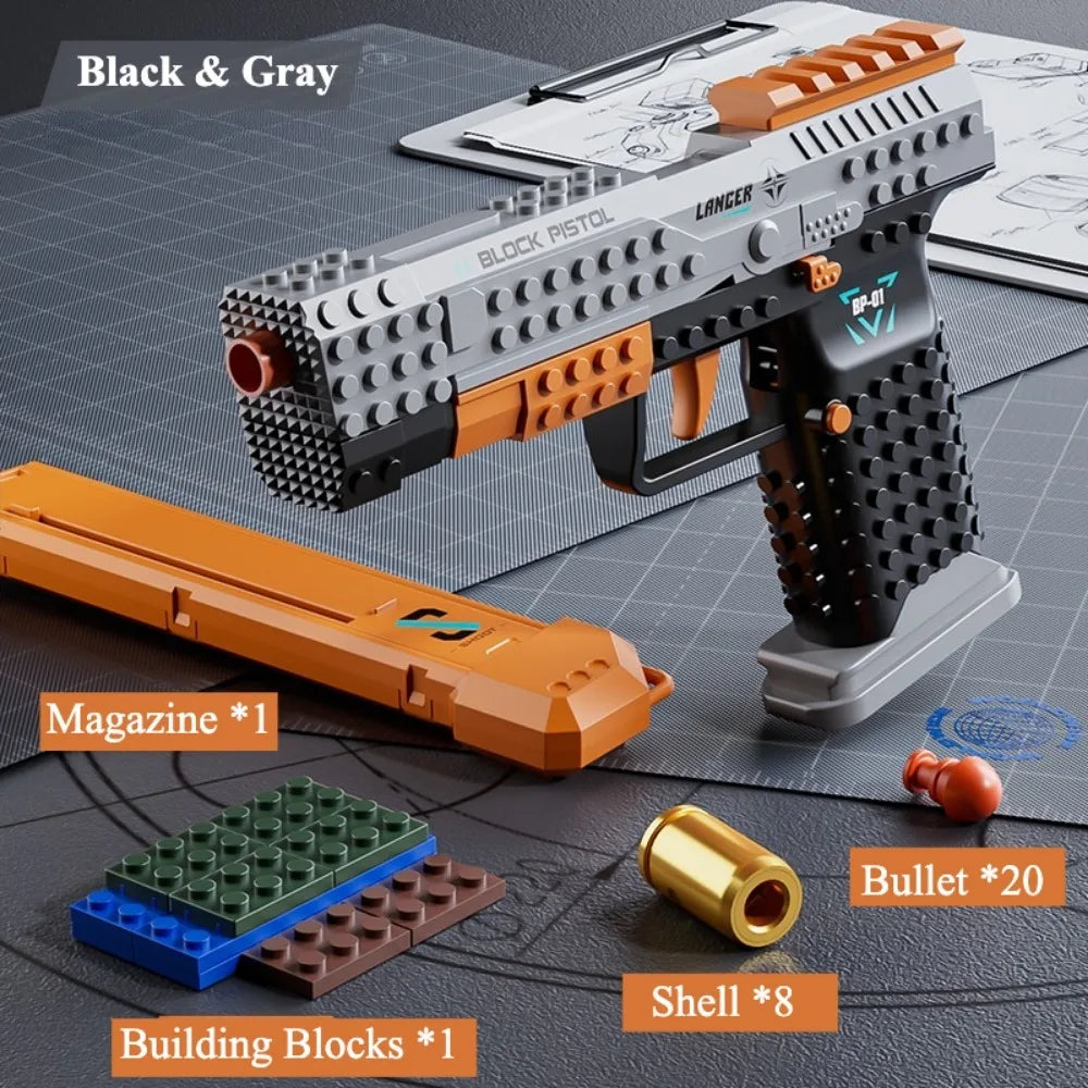 Lancer Shellblaster Black with extended magazine, 8 toy casings, 20 soft darts and building bricks