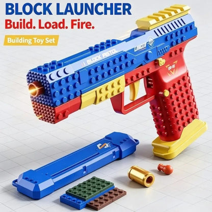 Lancer Shellblaster Red Blue with extended magazine, toy casing, soft dart and building bricks