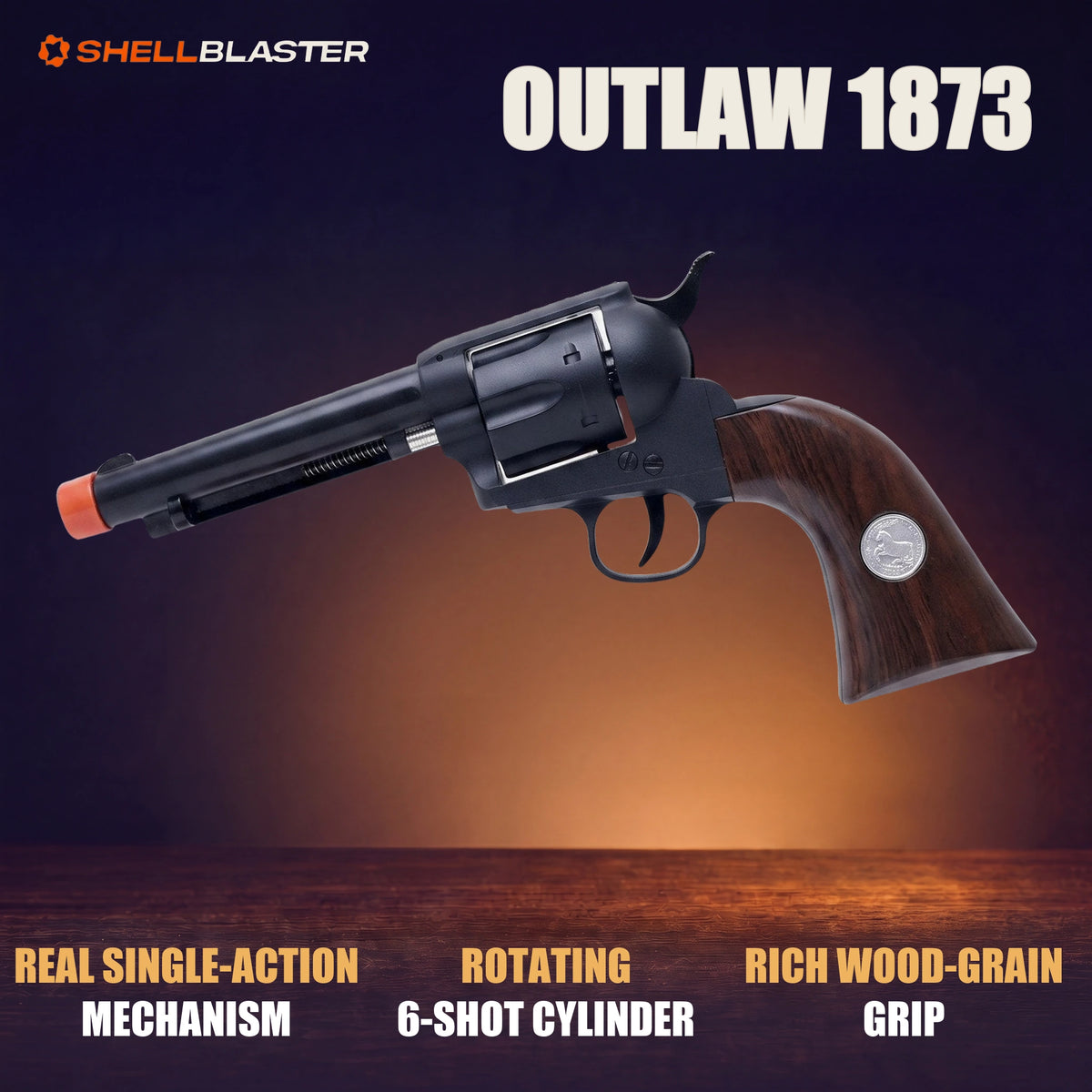 Outlaw 1873 premium details: single-action mechanism, rotating six-shot cylinder and wood-grain grip