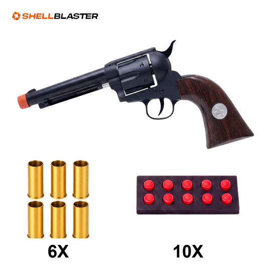 Outlaw 1873 toy revolver with six gold shells and ten soft foam darts in holder