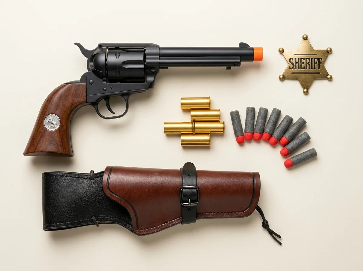 Gunslinger Kit: Outlaw revolver, extra shells and darts, Western holster, sheriff badge