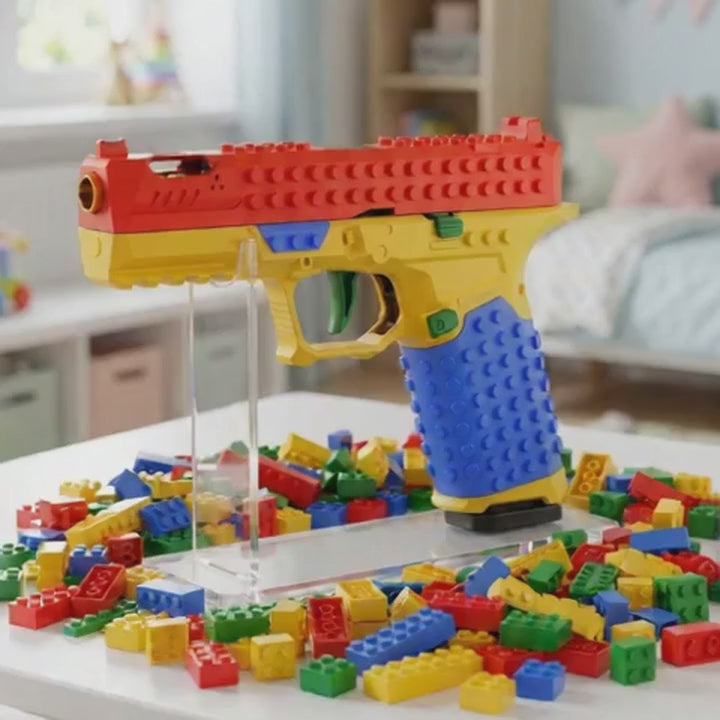 The clear display stand holds a toy upright.