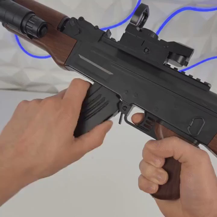 Handles the wood-stock Falcon-47 and shows its magazine and firing action.