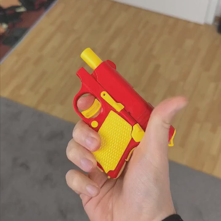 Shows the Red, Light Blue, and Classic MiniBlaster colorways being handled and aimed.