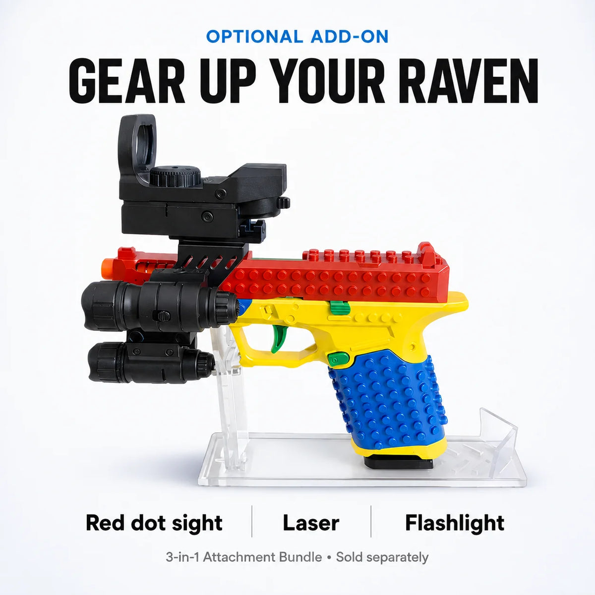 Optional 3-in-1 attachment bundle mounted on Raven: red dot sight, laser and flashlight — sold separately