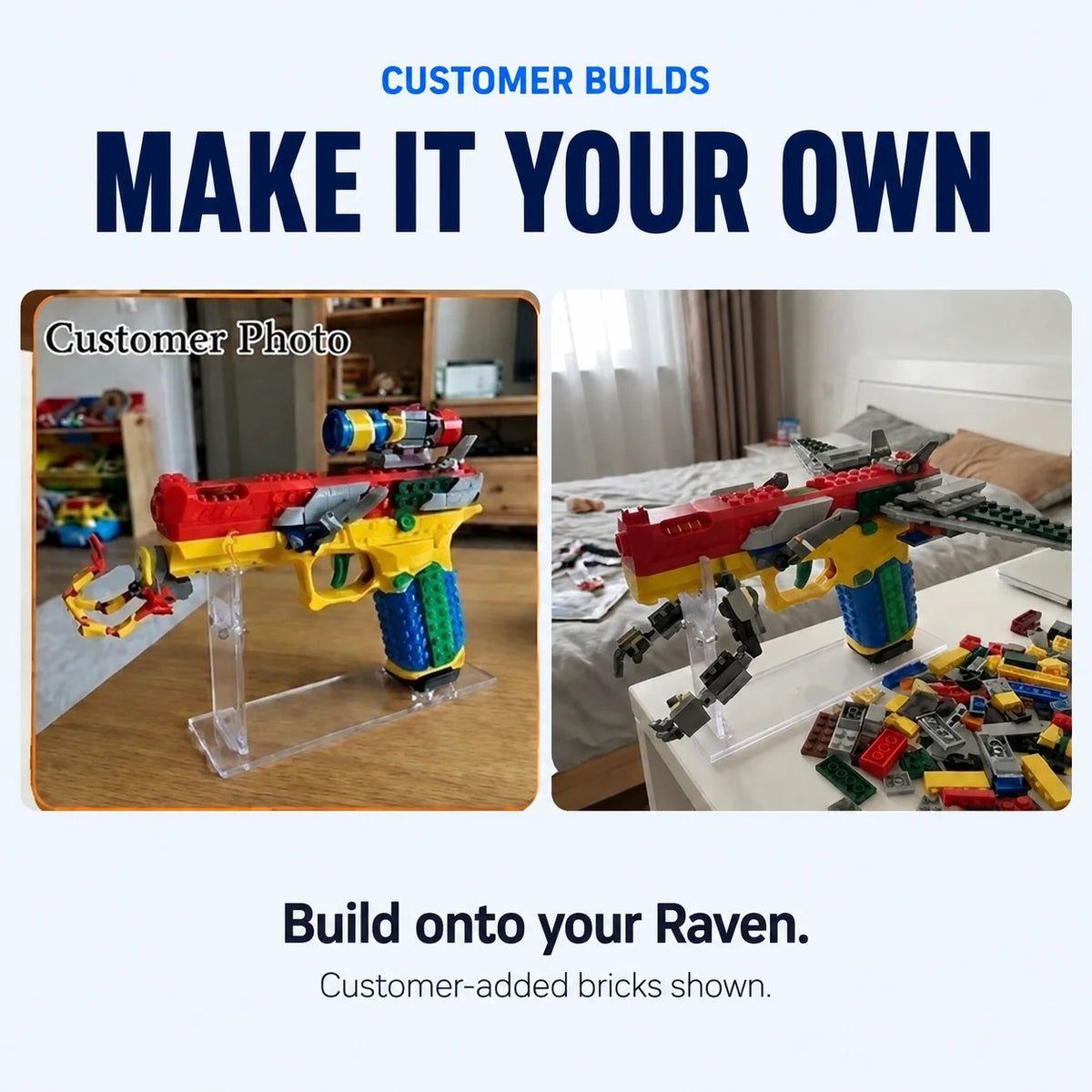 Raven customer builds: scope and claw; jet wings and mech — customer-added bricks shown