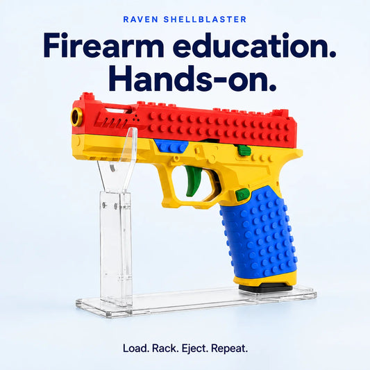 Raven Shellblaster — hands-on firearm education; Brick Raven on included display stand