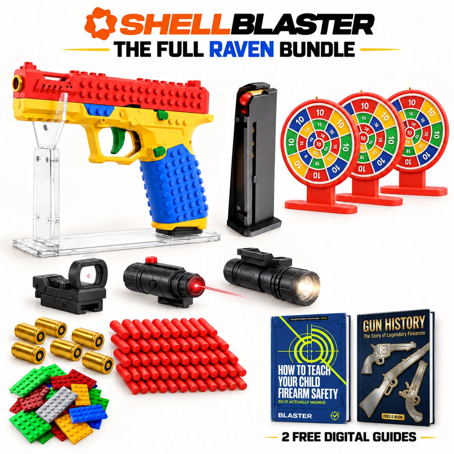 The full Raven bundle: Raven on a display stand, bricks, extra clip, 3 dart targets, red dot sight, laser, flashlight, darts, casings and 2 e-books